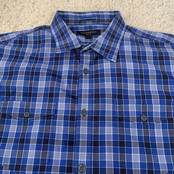 Banana Republic Shirt Mens Large Slim Fit Blue Check Button Up Double Pockets - Picture 1 of 7